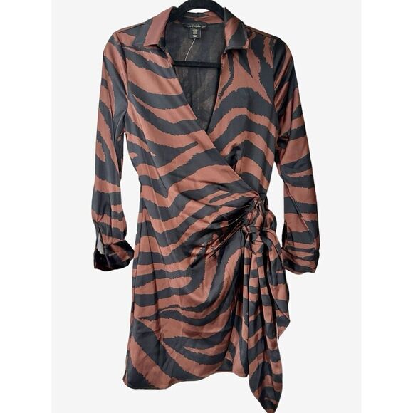 House of Harlow 1960 Mini Dress Collared   Animal Print Side Tie Faux Wrap Sz XS - Picture 3 of 7